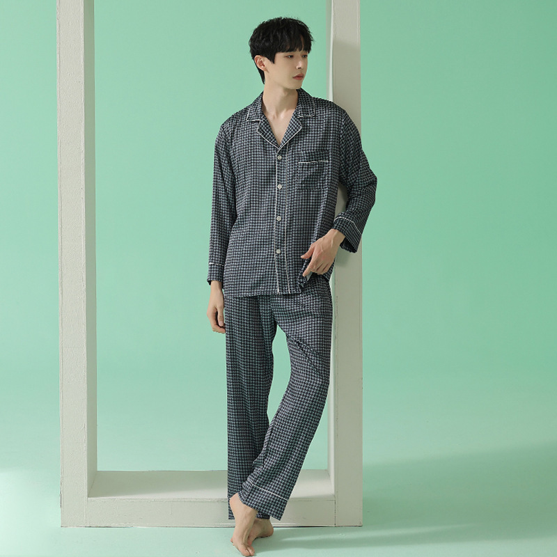 Men's Sleepwear Summer ice silk long sleeve trousers pajamas sets men fashion plaid male casual sleepwear men pyjamas 5E3001 230320