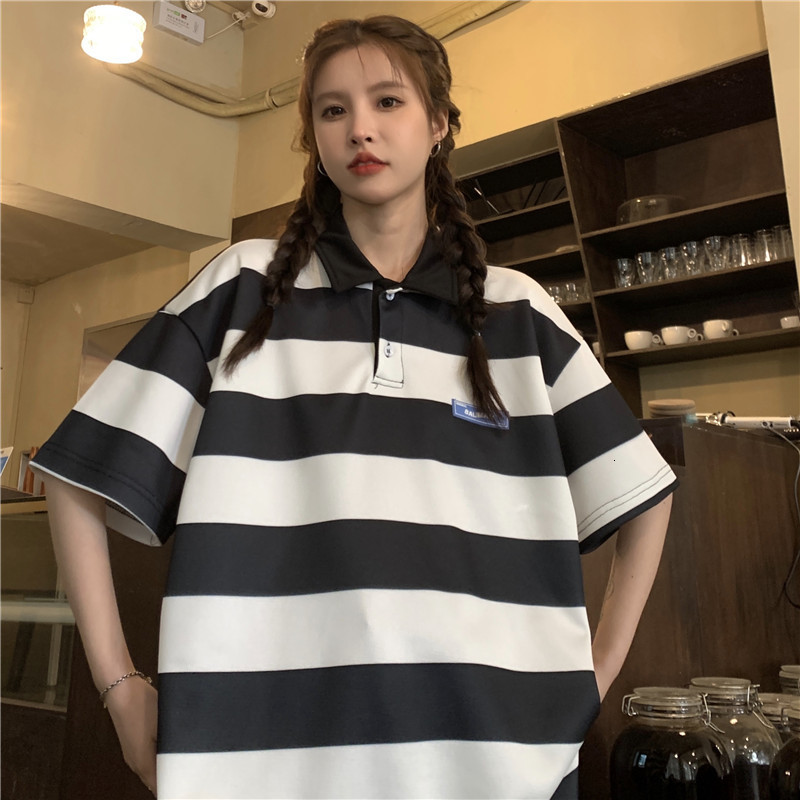 Women's T-Shirt Striped Polo Shirt Blue Short-Sleeved t-Shirt Women Summer Vintage Top Harajuku Aesthetic Student Clothes Oversized Striped Topo 