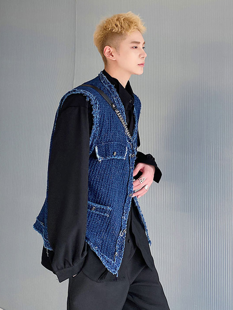 Men's Vests IEFB Korean Style Texture Men Casual Denim Vest 2023 Fashionable Loose Top Solid Color Single Breasted 9A1612 230320