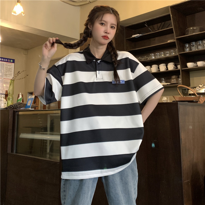Women's T-Shirt Striped Polo Shirt Blue Short-Sleeved t-Shirt Women Summer Vintage Top Harajuku Aesthetic Student Clothes Oversized Striped Topo 
