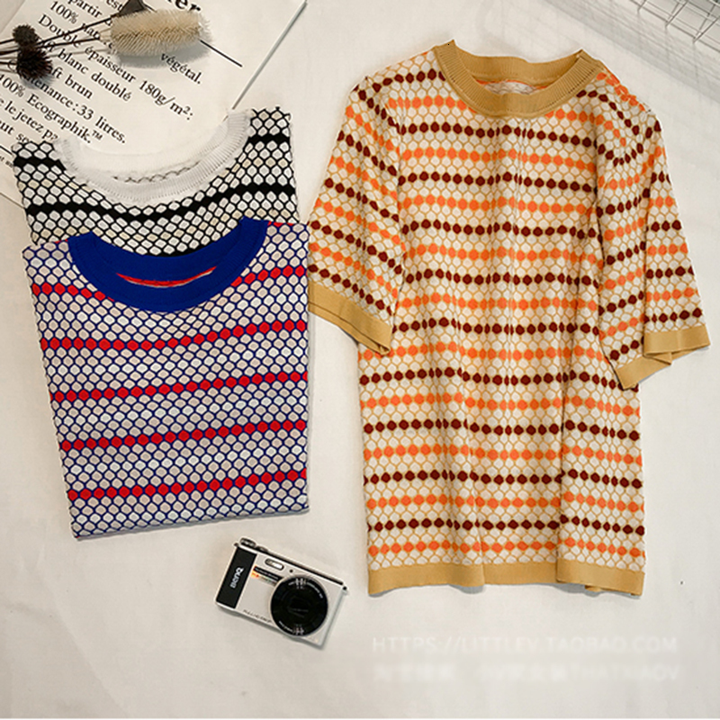 Women's T-Shirt LJSXLS Summer Ice Silk Short Sleeve T-Shirt Women Vintage Womens Clothing Tee Shirt Femmme Knitted Tshirts Polka Dot Tops 230320