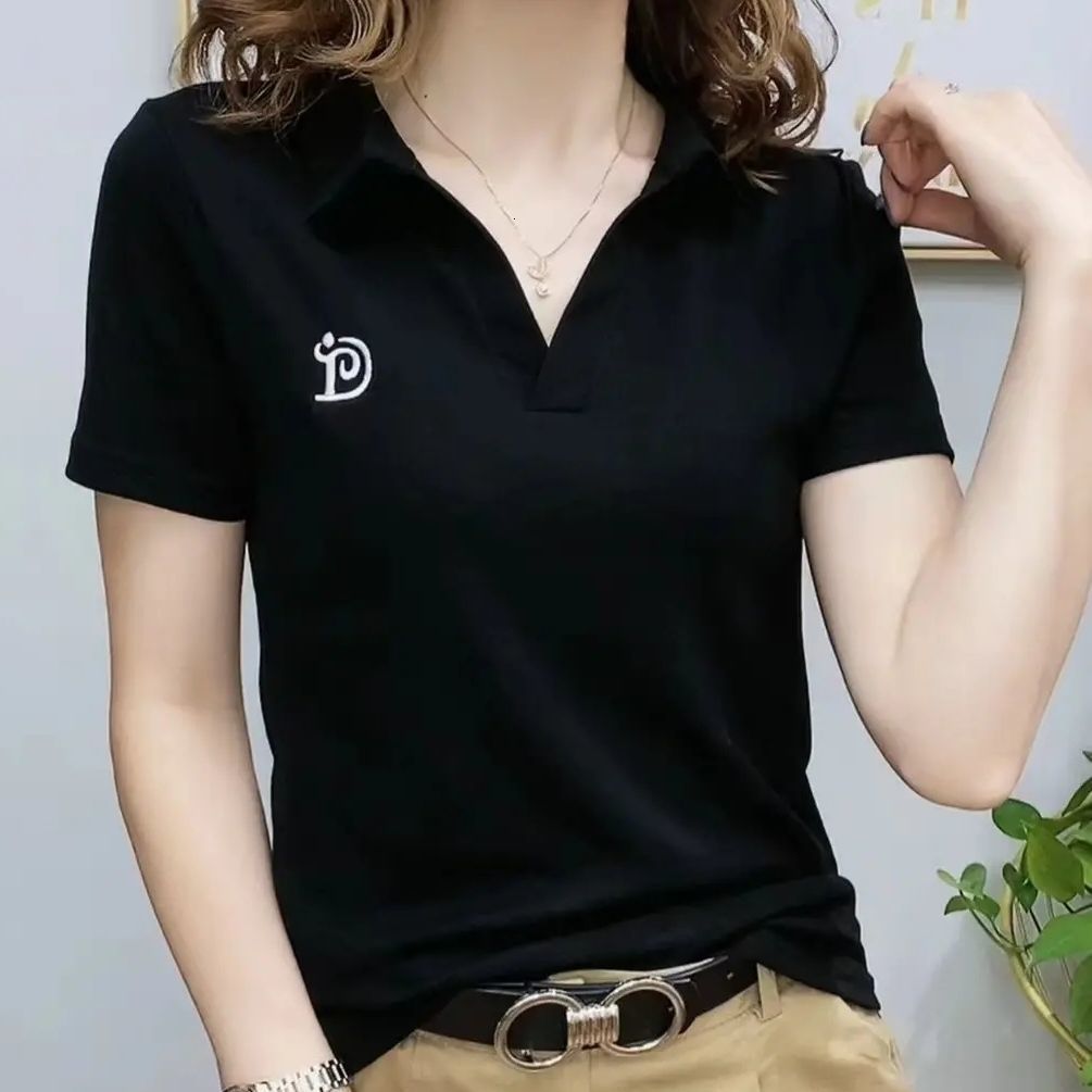 Women's Polos Short Sleeve Tshirt Top Summer Vneck Letter Pullover Knitted Tees Female Clothing Plus Size Ladies Polo 230317Z