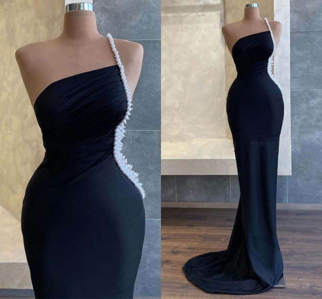 Mermaid Black Women Evening Dress 2023 One Shoulder Pearls Beaded Stain Long Prom Formal Gowns Abendkleider Dubai Robe De Soiree