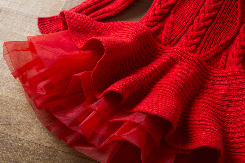 Girl's Dresses Girls' Long sleeved Knitted Dress Autumn/Winter Warm Birthday Party Ruffled Princess Clothing Children's Red Christmas D