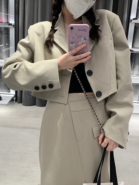 Two Piece Dress Autumn Women Vintage Blazer Skirts Suit Casual Cropped Jackets High Waist Bodycon Saya 2 Pieces Set Female Fashion Clothes 230320
