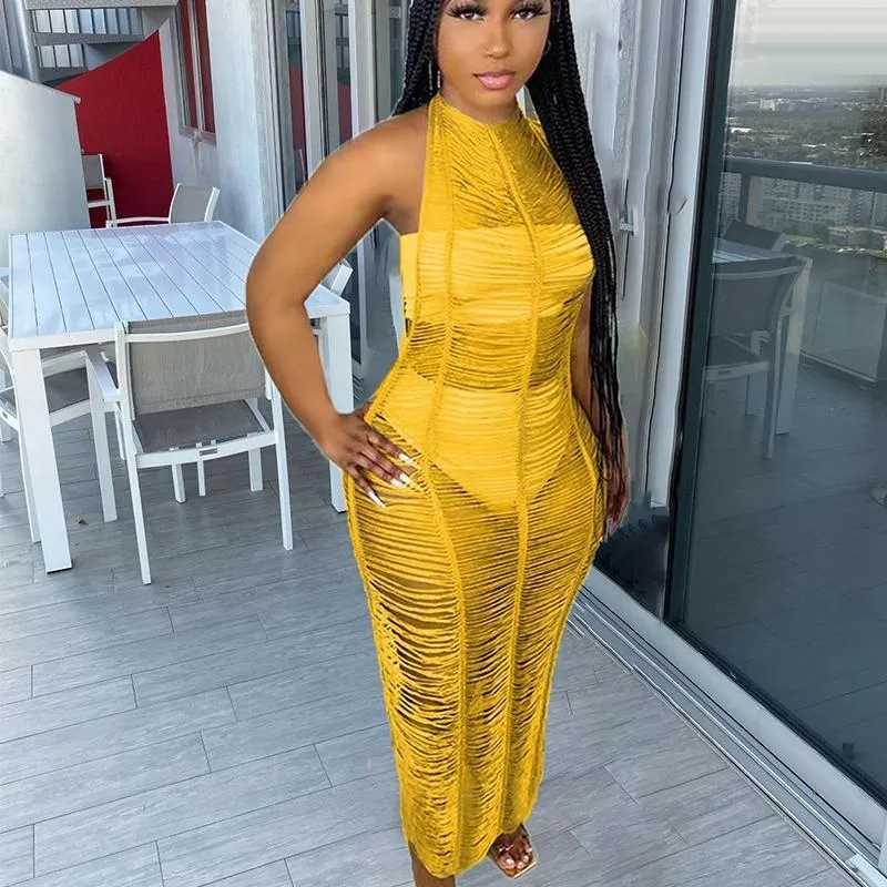 Casual Dresses Sexy Crochet Knitted See Through Long Maxi Beach Dress Summer Sleeveless Halter Backless Cover Up Holiday Vestido