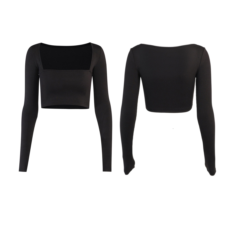 Women's Polo Long Sleeve Bodycon Crop Top Sexy Square Neck Solid Color Basic TShirts 230317Z