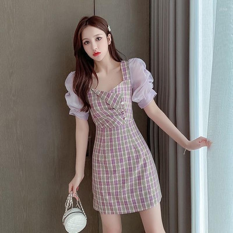 Casual Dresses Sweet Pink Plaid Dress Summer Women Vintage Puff Sleeve Short Square Collar Streetwear Cute Chic All-Match Clothing