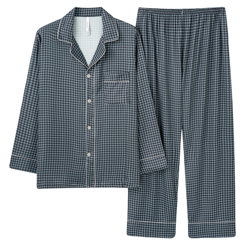 Men's Sleepwear Summer ice silk long sleeve trousers pajamas sets men fashion plaid male casual sleepwear men pyjamas 5E3001 230320