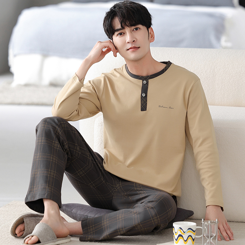 Men's Sleepwear est M-4XL 100% Cotton Pajamas Set Men Long Sleeve Sleepwear Pyjamas Solid Autumn Home Clothes 230320