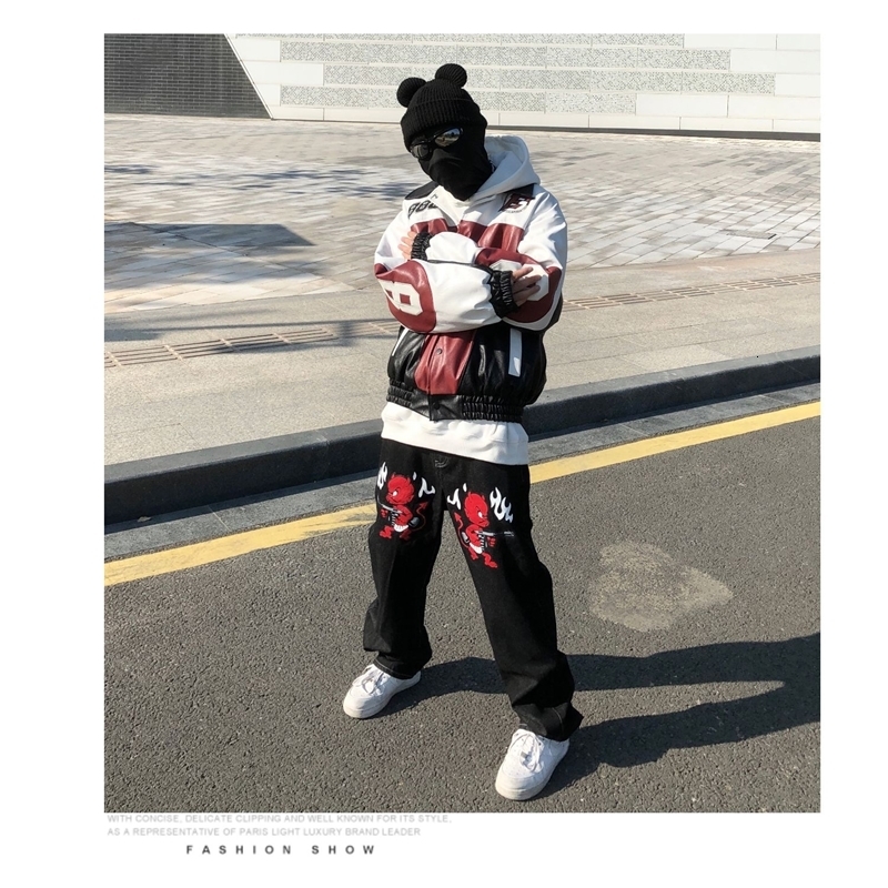 Mens Jeans Devil Printed High Street Vintage Y2K Clothes Black Baggy Straight Trousers Streetwear Wide Leg Pants Men 230317