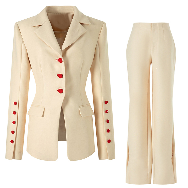 Women's Beige Blazer Pants Suit Set - Office Formal Single Breasted Red Button Tailored
