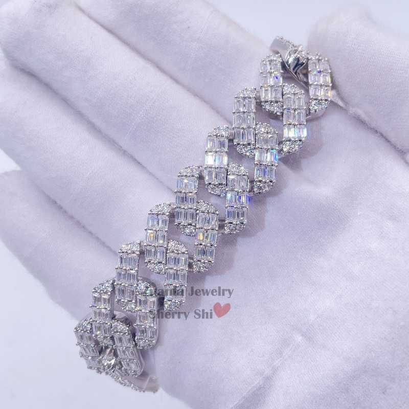 15mm Vvs Baguette Cut Moissanite Diamond Hip Hop Men Silver Iced Out Cuban Bracelet