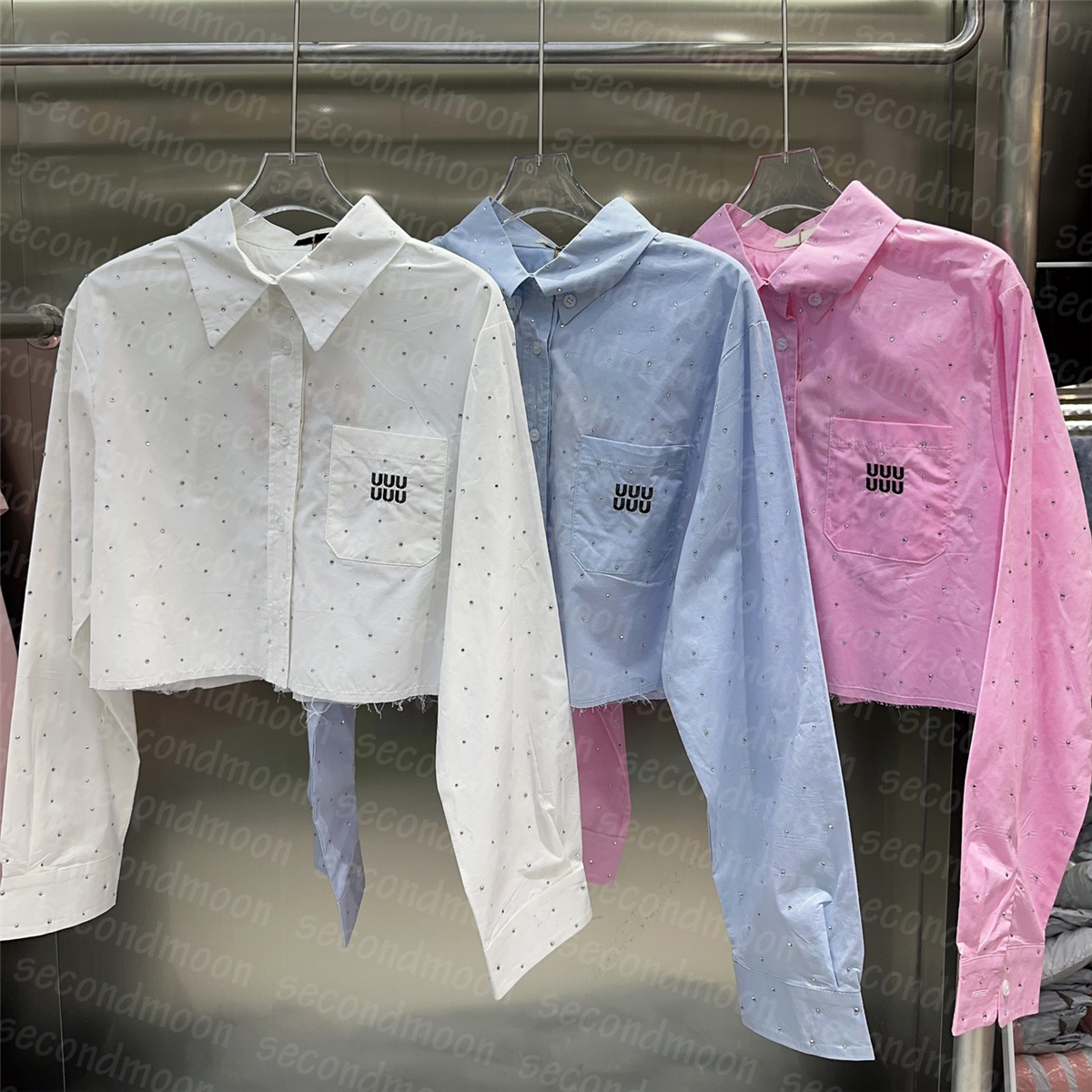 Shiny Rhinestone T Shirt Women Long Sleeve Blouses Designer Letter Embroidered Blouses Lapel Neck Tees