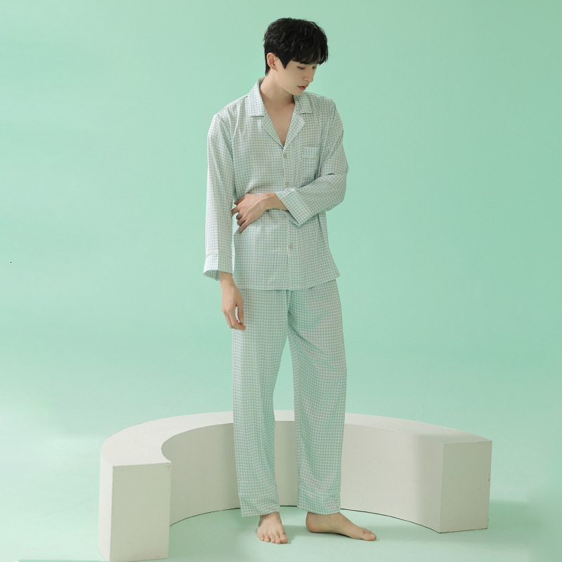 Men's Sleepwear Summer ice silk long sleeve trousers pajamas sets men fashion plaid male casual sleepwear men pyjamas 5E3001 230320