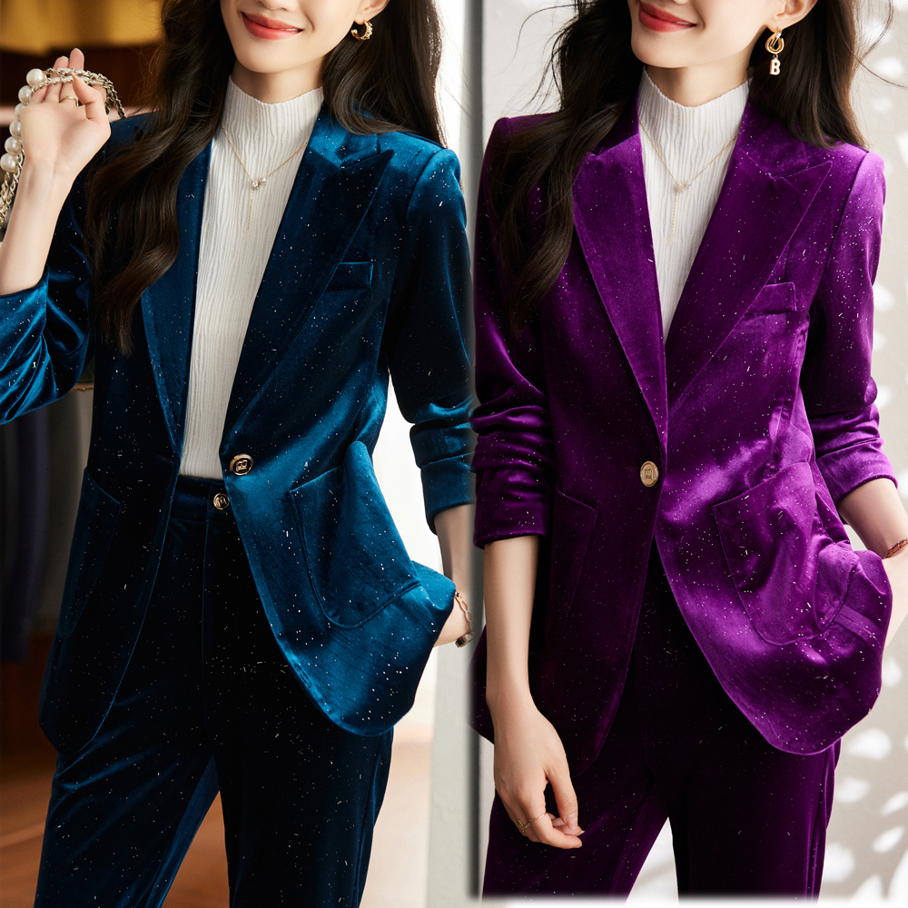 Women's Suits Blazers High Quality Shiny Velvet Autumn Winter Formal Blazer Women Business Suits with Sets Work Wear Office Uniform Pants Jacket 