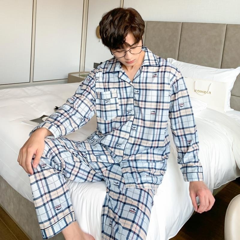 Men's Sleepwear 100% Cotton Pijama for Men Two-Pieces Lounge Sleepwear Pyjamas Plaid Spring Bedgown Home Clothes Man Casual Homewear Pajamas Set 