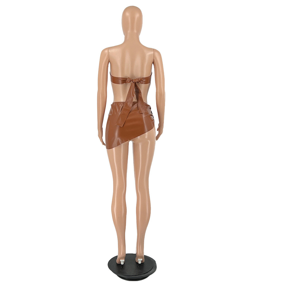 2024 Designer Summer Leather Dress Sets Women Sexy Strapless Crop Top and Mini Skirt Two Piece Sets Casual PU Skirt Suits Bulk Wholesale Clothes 9509