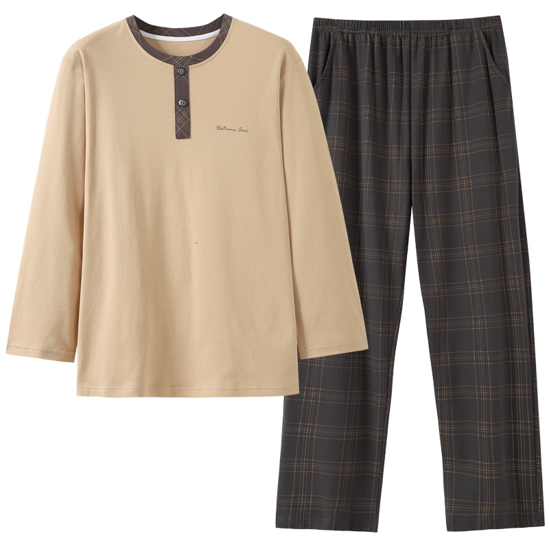 Men's Sleepwear est M-4XL 100% Cotton Pajamas Set Men Long Sleeve Sleepwear Pyjamas Solid Autumn Home Clothes 230320