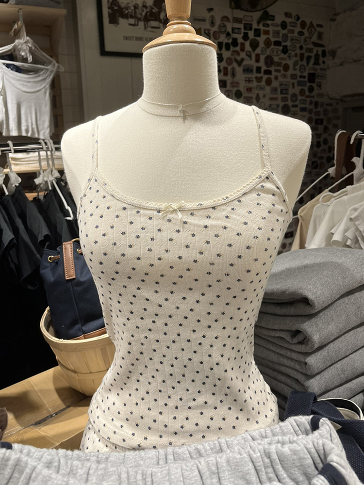 Women's Tanks Camis Chic Floral Print Slim Tank Top Summer Vintage Cute Beige Bow Soft Cotton Y2k Vests Harajuku Sweet Sleeveless Crop 230317