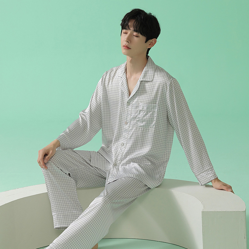 Men's Sleepwear Summer ice silk long sleeve trousers pajamas sets men fashion plaid male casual sleepwear men pyjamas 5E3001 230320