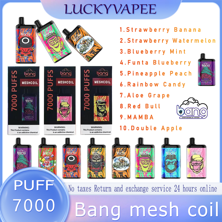 Original Bang Mesh Coil 7000 Puffs 0% 2% 3% 5% Disposable E Cigarettes Vape Pen 15ml Pre-filled Pods Cartridge 850mAh Rechargeable Battery
Original Bang Mesh Coil 7000 Puffs 0% 2% 3% 5% Disposable E Cigarettes Vape Pen 15ml Pre-filled Pods Cartridge 850mAh Rechargeable Battery