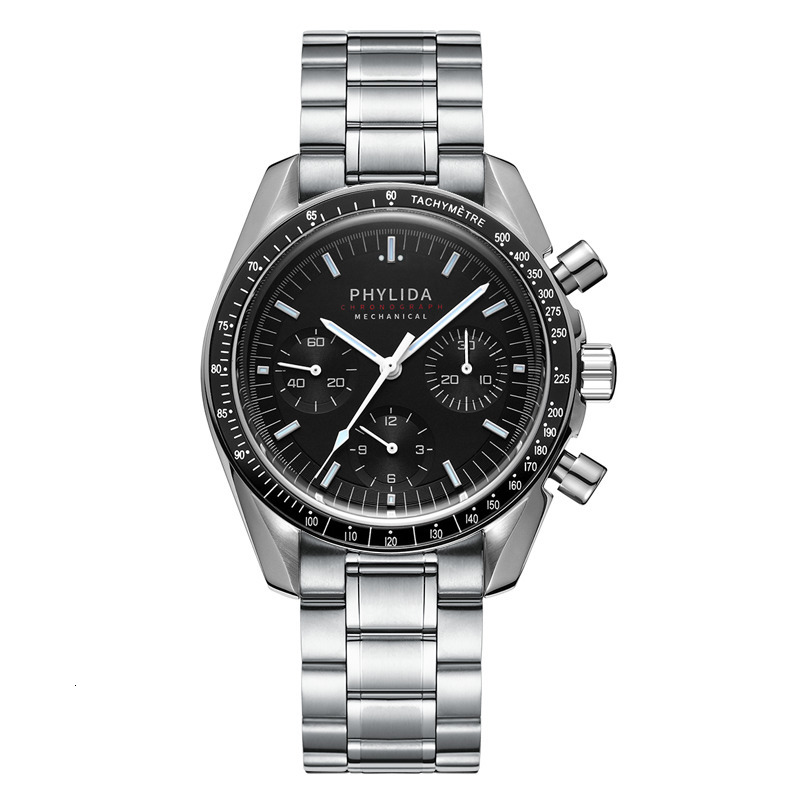 Wristwatches PHYLIDA 40mm Men's Watch ST19 Mechanical Chronograph Stop Black Dial Wristwatch Speed Classic Solid Stainless Steel 230320, Black dial strap
Wristwatches PHYLIDA 40mm Men's Watch ST19 Mechanical Chronograph Stop Black Dial Wristwatch Speed Classic Solid Stainless Steel 230320, Black dial strap