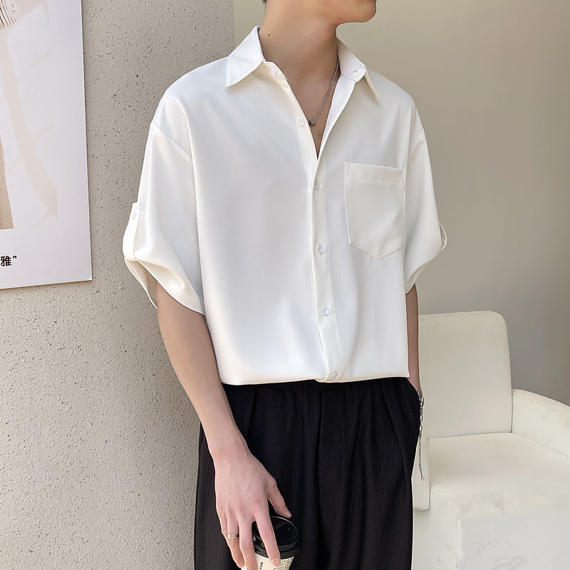 Men's Casual Shirts Short sleeved men's Korean fashion half sleeved shirt Handsome summer lapel Solid casual ice silk high-quality top 23041