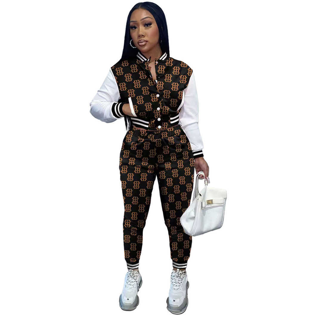 women tracksuits sport suits Stylish Long Fashion Casual Set Printed Panel Long Sleeve Baseball Jacket Two Piece Set