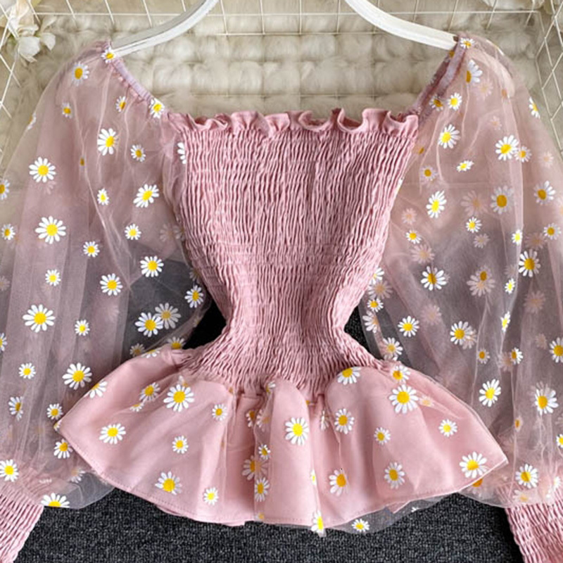 Women's Polos Laces female trumpet sleeve tull fashionable and western style with a mesh top very fairy transparent 230317