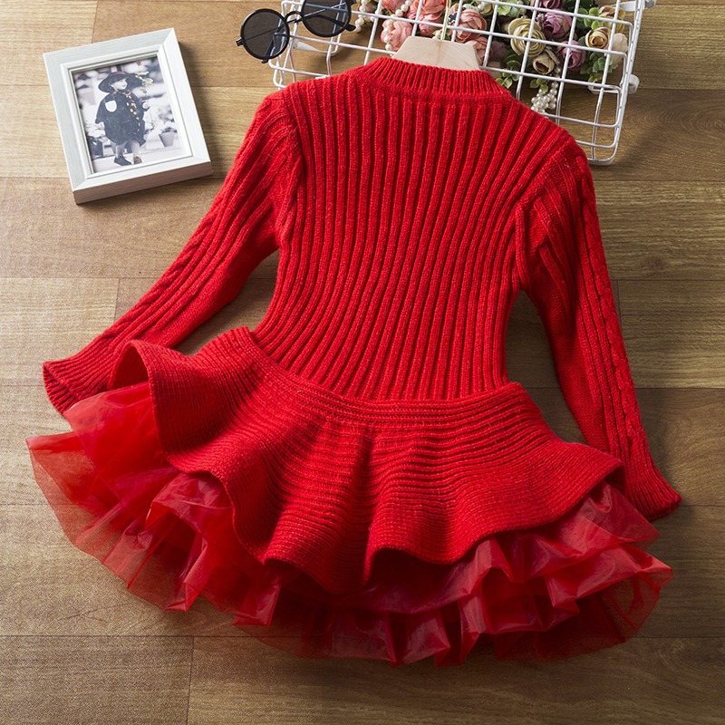 Girl's Dresses Girls' Long sleeved Knitted Dress Autumn/Winter Warm Birthday Party Ruffled Princess Clothing Children's Red Christmas D