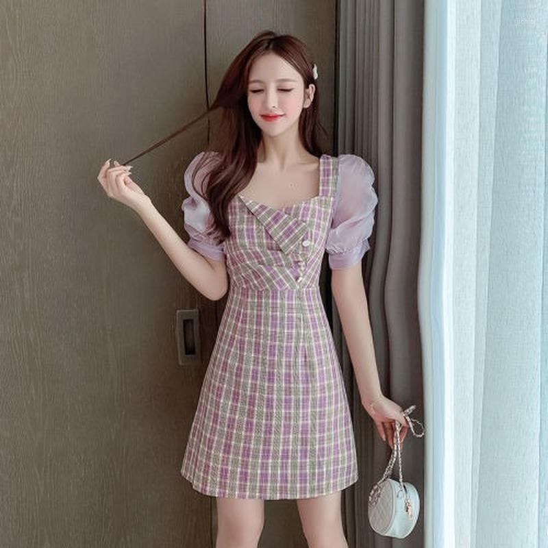 Casual Dresses Sweet Pink Plaid Dress Summer Women Vintage Puff Sleeve Short Square Collar Streetwear Cute Chic All-Match Clothing