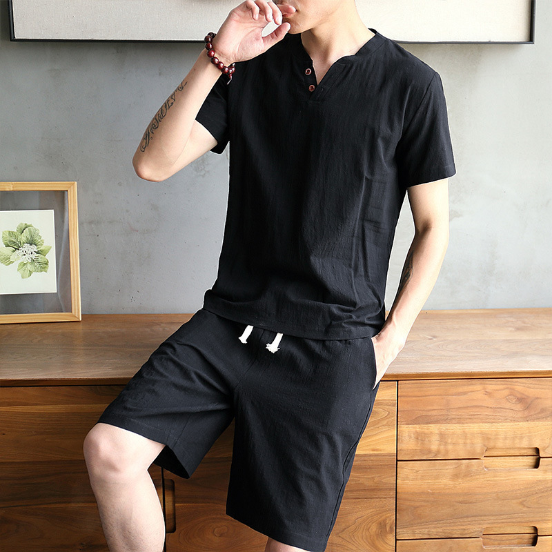 Men's Sleepwear Summer Men's T-Shirt Two-Piece Cotton and Linen Solid Color V-Neck Thin Short-Sleeved Shorts Set 230320