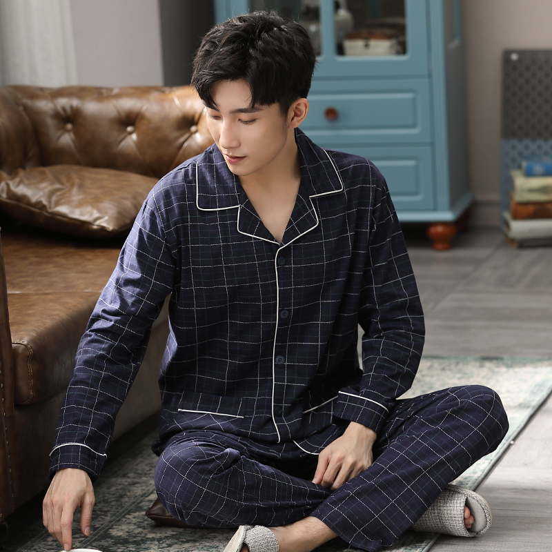 Men's Sleepwear Autumn 100% Cotton Pijama Hombre Lounge Sleepwear Pyjama Femme Plaid Spring Bedgown Home Clothes Man PJs Pure Cotton Pajamas Set 