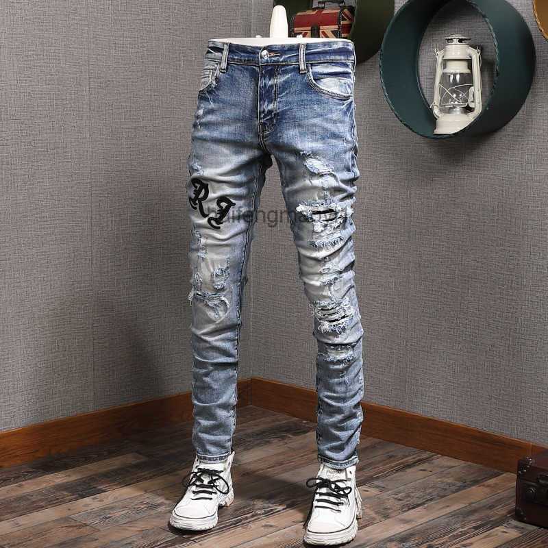 Men's Jeans Designer Fashion Pants Cool Stylish Leisure Ripped Brand High Street Hole Embroidery Slim Fit Style Cashew Young M1JG