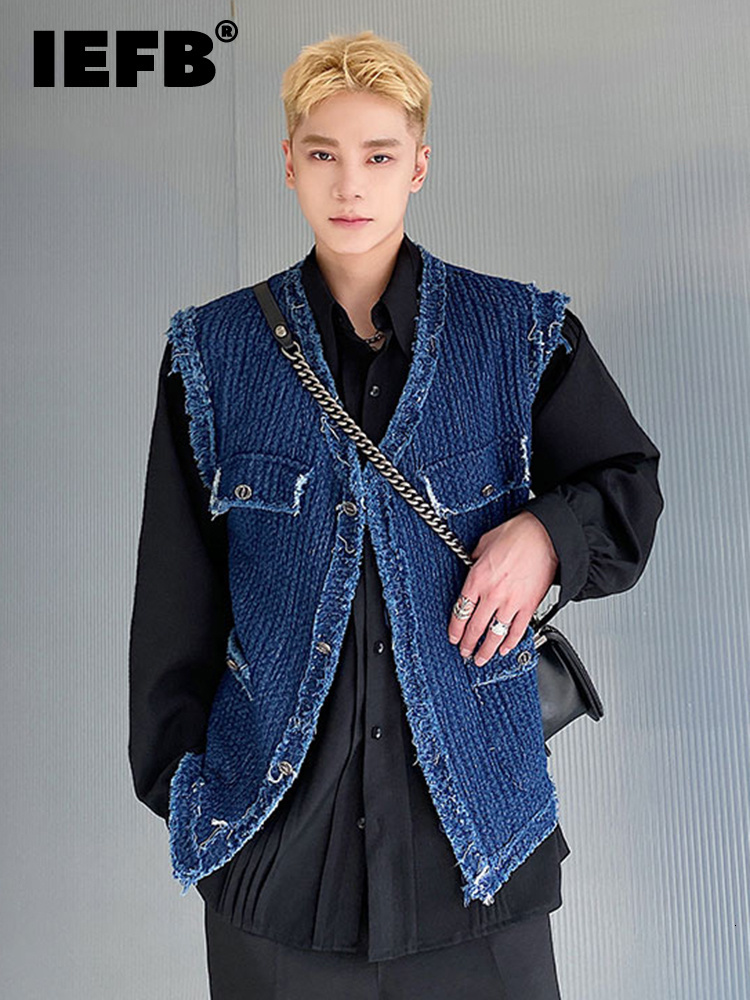 Men's Vests IEFB Korean Style Texture Men Casual Denim Vest 2023 Fashionable Loose Top Solid Color Single Breasted 9A1612 230320