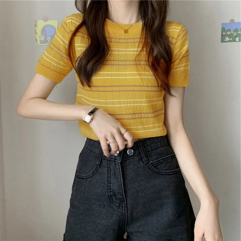 Women's T-Shirt Crop Top Striped Short Sleeve T-Shirt Knitting Camisol Black Beautiful Woman Blouse Casual Languid Summer Thin Women's Cloth