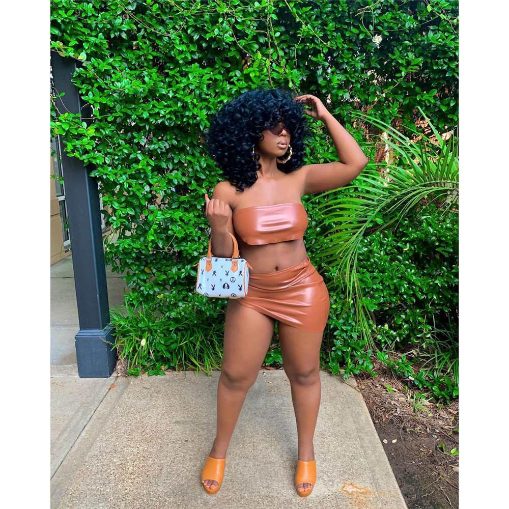2024 Designer Summer Leather Dress Sets Women Sexy Strapless Crop Top and Mini Skirt Two Piece Sets Casual PU Skirt Suits Bulk Wholesale Clothes 9509