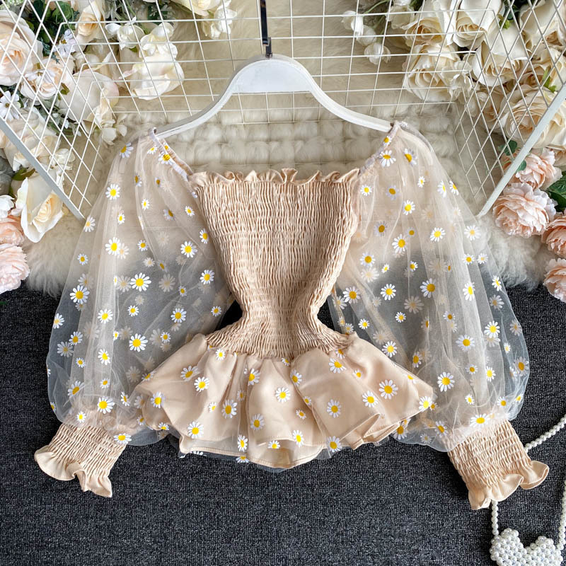 Women's Polos Laces female trumpet sleeve tull fashionable and western style with a mesh top very fairy transparent 230317