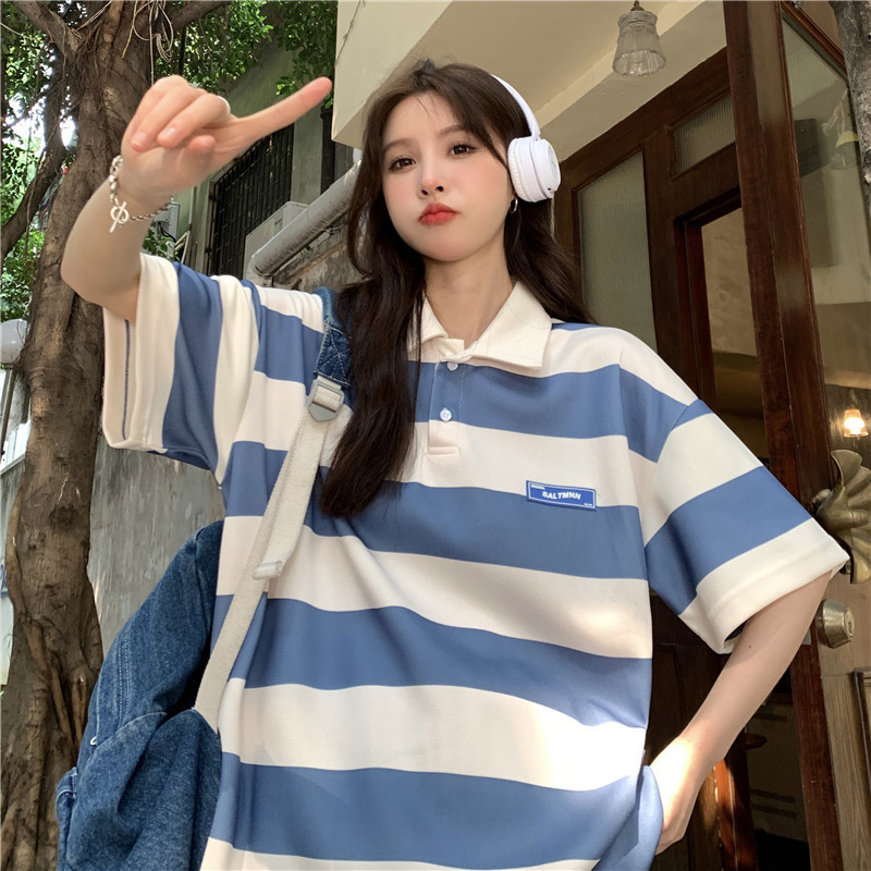 Women's T-Shirt Striped Polo Shirt Blue Short-Sleeved t-Shirt Women Summer Vintage Top Harajuku Aesthetic Student Clothes Oversized Striped Topo 
