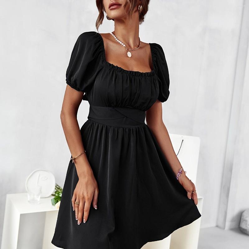 Casual Dresses Off Shoulder Lace Up Dress Square Neck Waist Puffy Sleeve Solid Summer Women's Clothing