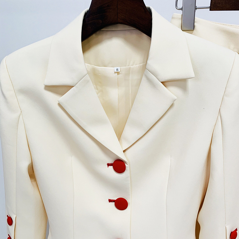 Women's Beige Blazer Pants Suit Set - Office Formal Single Breasted Red Button Tailored