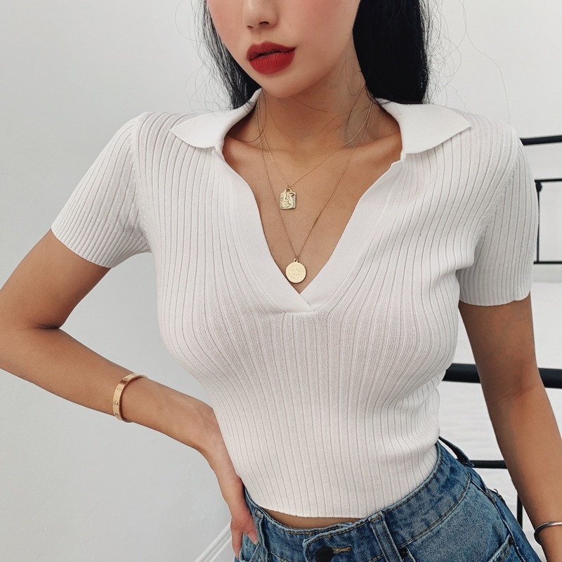 Women's Polos Sexy Knitted Slim Tshirts Summer Fashion Women Solid Color Cropped Tops XMMWDC716 230317Z