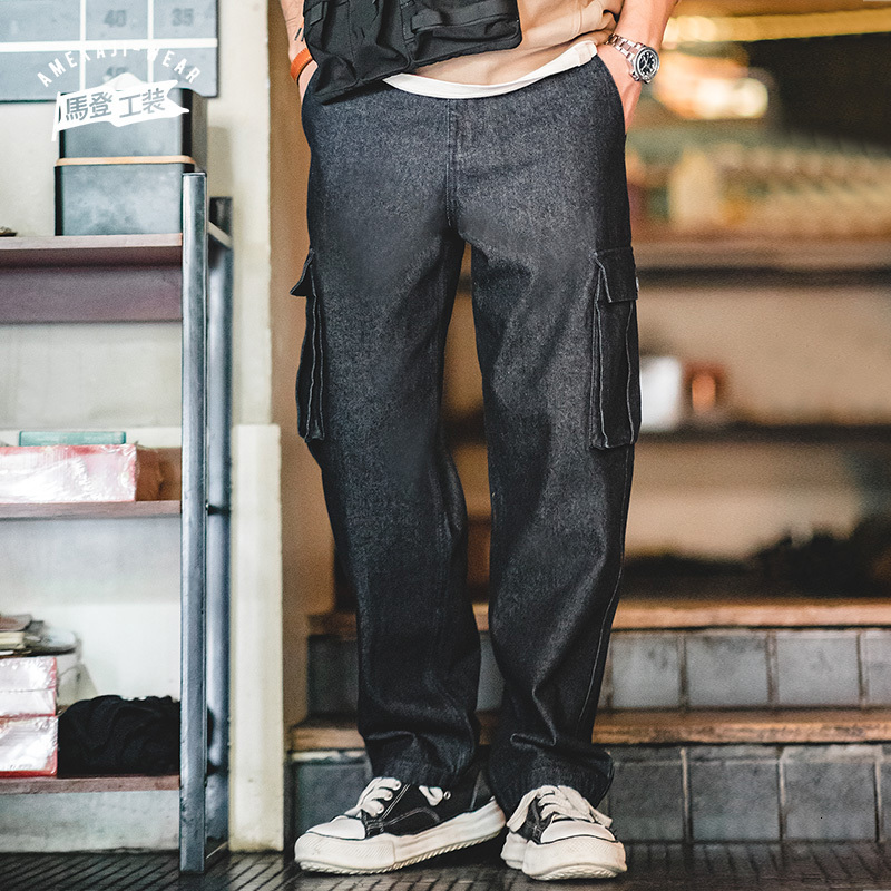 Men's Jeans Maden Retro Baggy Big Pocket Twill Denim Washed Straight Loose Cargo Pants Hip Hop Streetwear Men Casual Trousers 230320