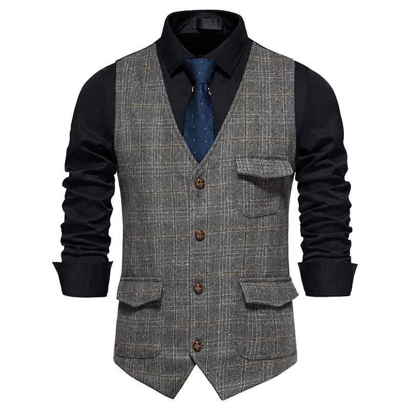 Mens Plaid Tweed Vest Vintage Single-breasted Waistcoat England style Groomsmen Suits Vest For Wedding