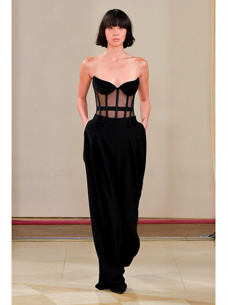 Women's Tanks Camis Sexy Lace Strapless Bodycon Bodysuit Elegant Women Black Mesh Patchwork Slim Celebrity Party Runway Club 230317