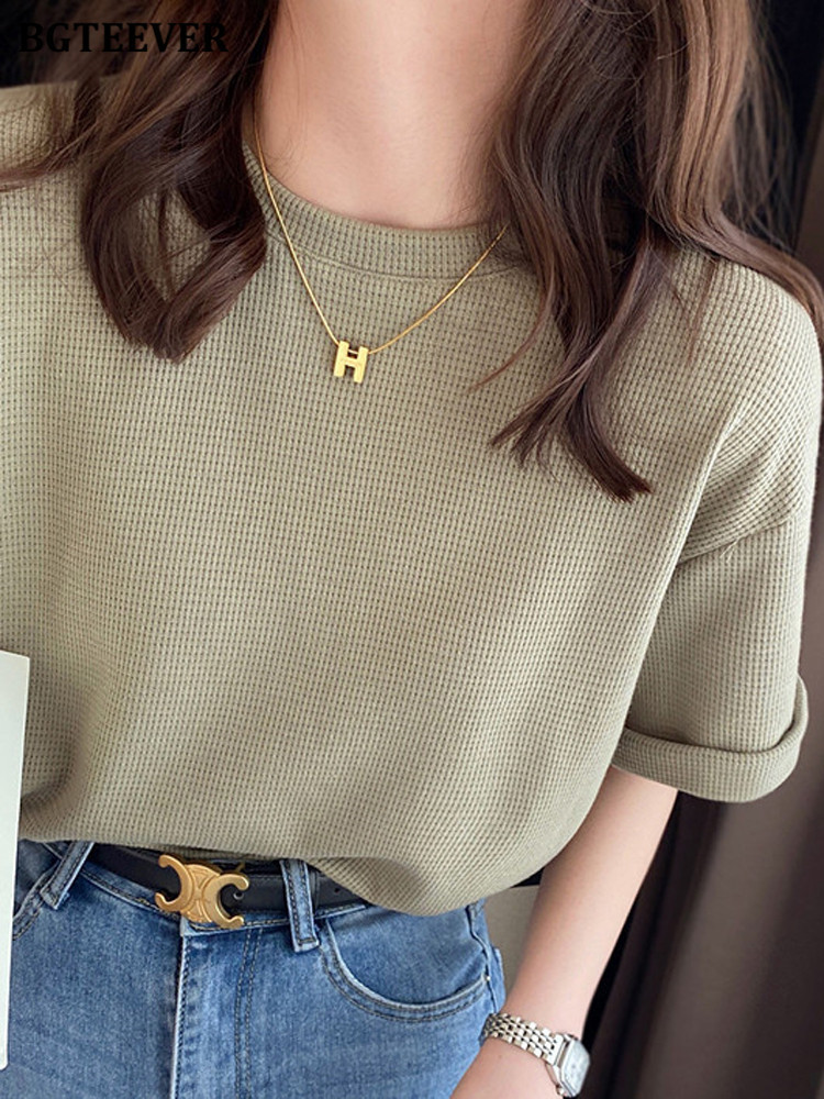 Women's T-Shirt BGTEEVER Casual O-neck Waffle Plaid Women Cotton T-Shirts Short Sleeve Loose Female Pullovers Tops Spring Summer Women Tees 23032