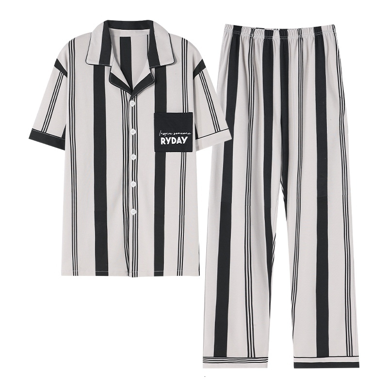Men's Sleepwear Summer Plus Size Cotton Short Sleeve Long Pants Pajama Sets For Men Casual Striped Sleepwear Suit Homewear Home Clothes 230320