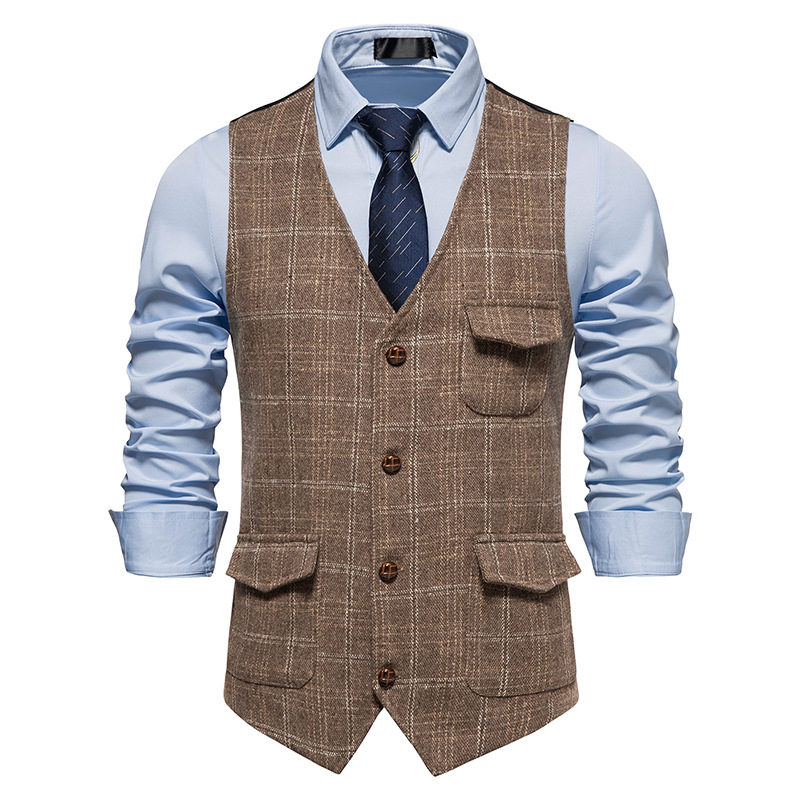 Mens Plaid Tweed Vest Vintage Single-breasted Waistcoat England style Groomsmen Suits Vest For Wedding