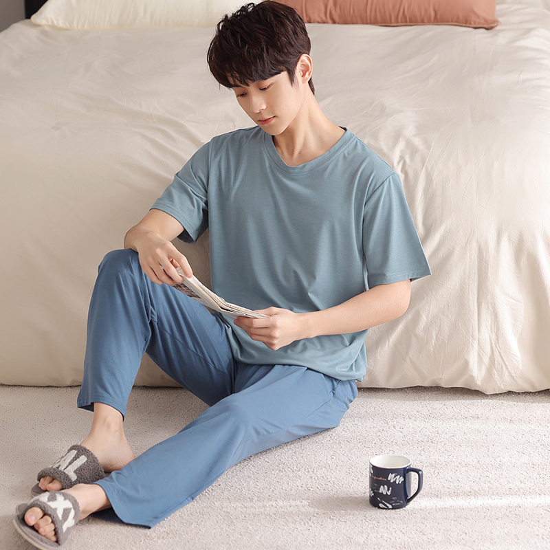 Men's Sleepwear Summer Men's Soft Modal Pajamas Set Simple Short-Sleeve Tops Long Pants Nightwear Home Wear Suits Fashion Sleepwear for Men 